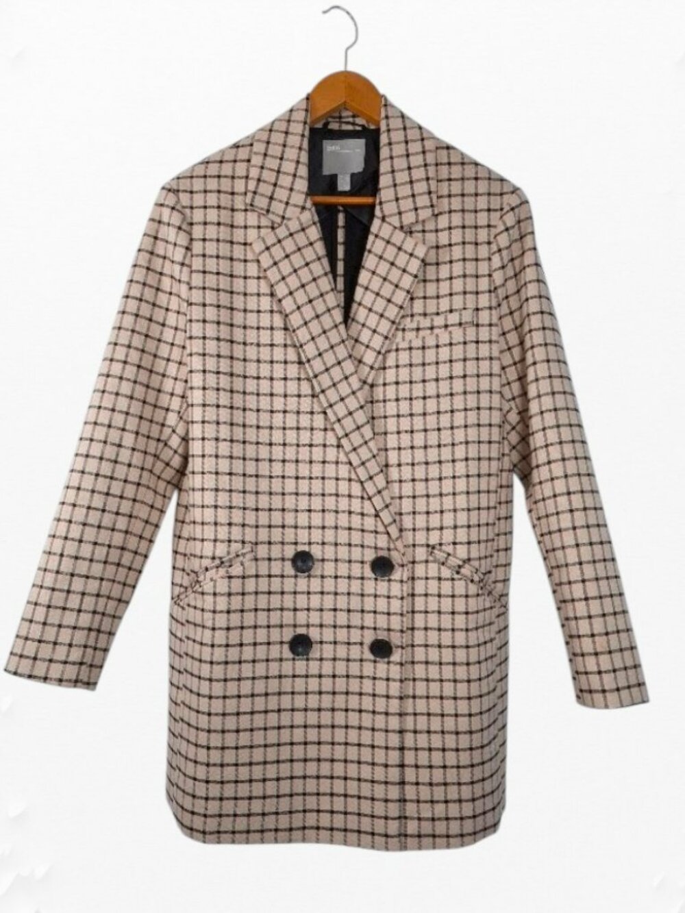 ASOS Plaid Longline Blazer Coat Double Breasted Oversized Beige Pink Brown US 6